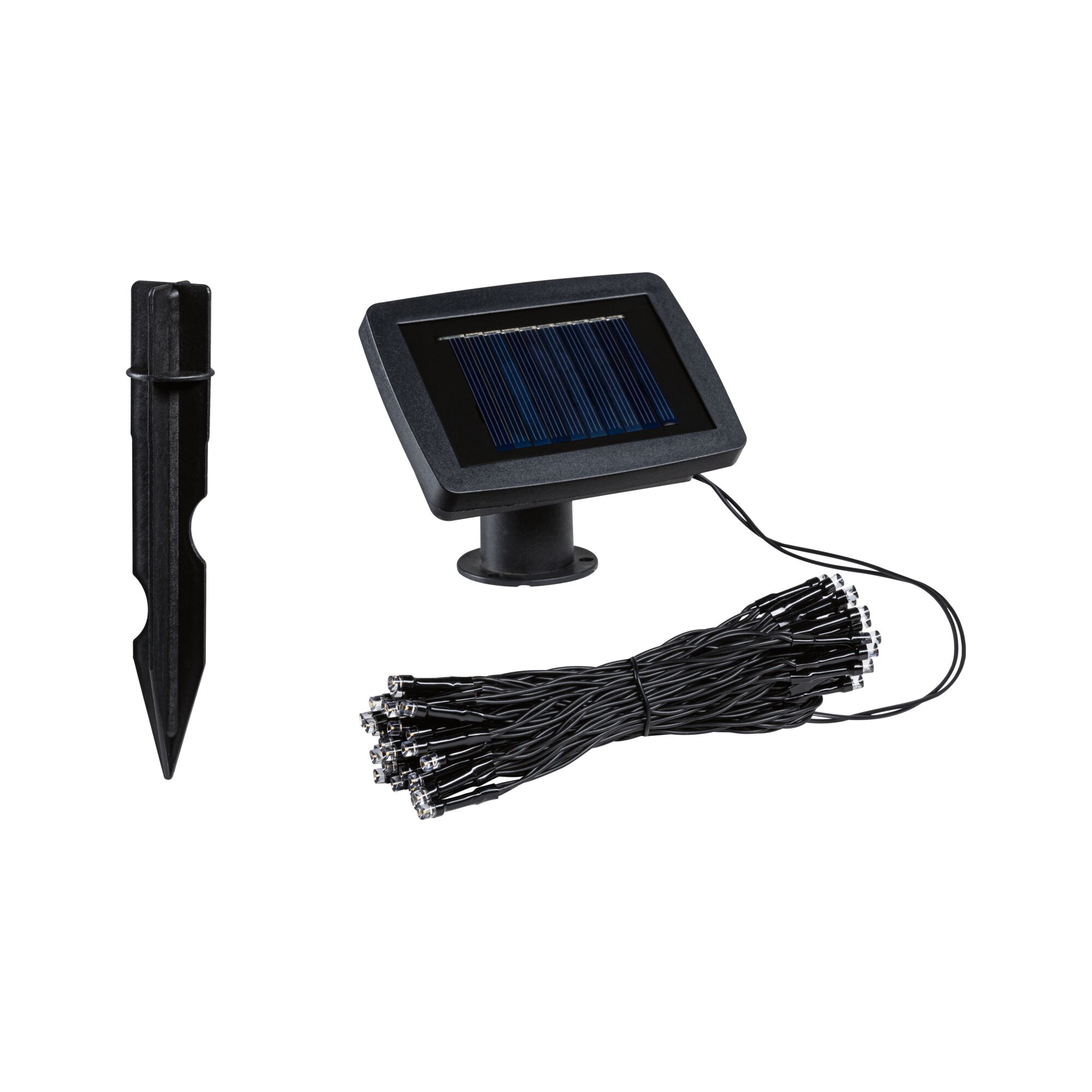 Black solar LED string light set with plastic ground stake for outdoor garden lighting.