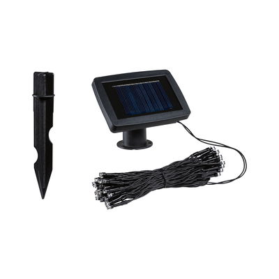 Black solar LED string light set with plastic ground stake for outdoor garden lighting.