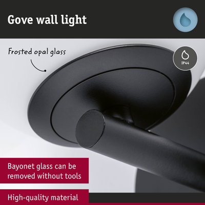 Black Gove wall light made of high-quality material with frosted opal glass and IP44 rating