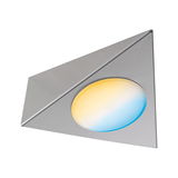 Triangular LED recessed light in brushed stainless steel with warm white and blue light for accent lighting