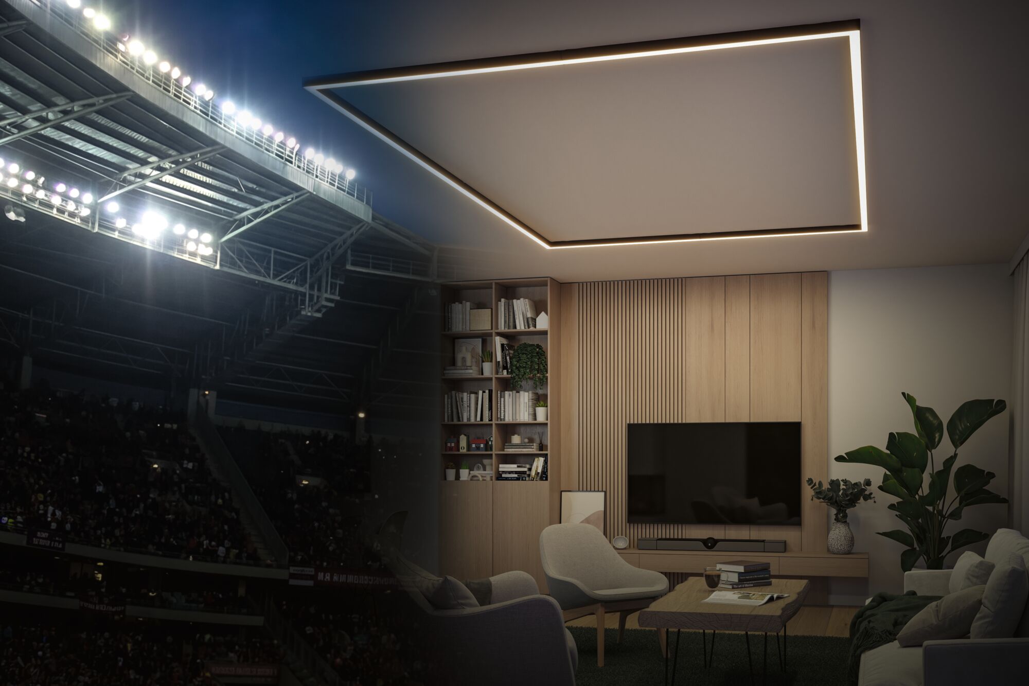 Modernes Wohnzimmer mit quadratischer LED-Deckenleuchte in warmweißem Licht und Holzregalwand
