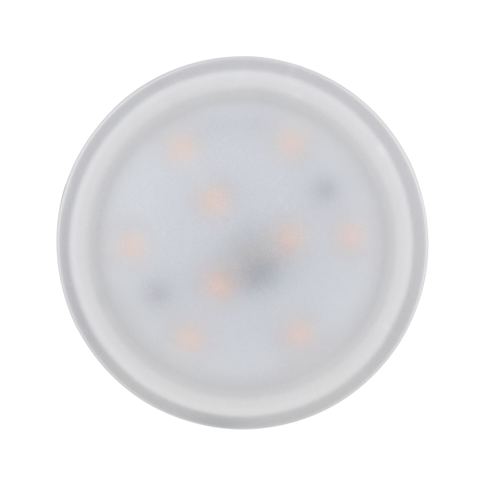 Round LED ceiling light with matte white cover and warm white light spots for living spaces