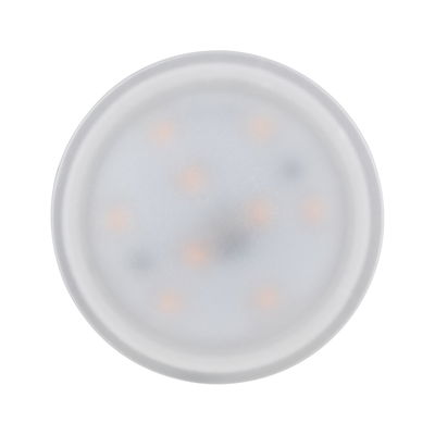Round LED ceiling light with matte white cover and warm white light spots for living spaces