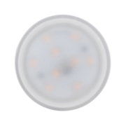 Round LED ceiling light with matte white cover and warm white light spots for living spaces