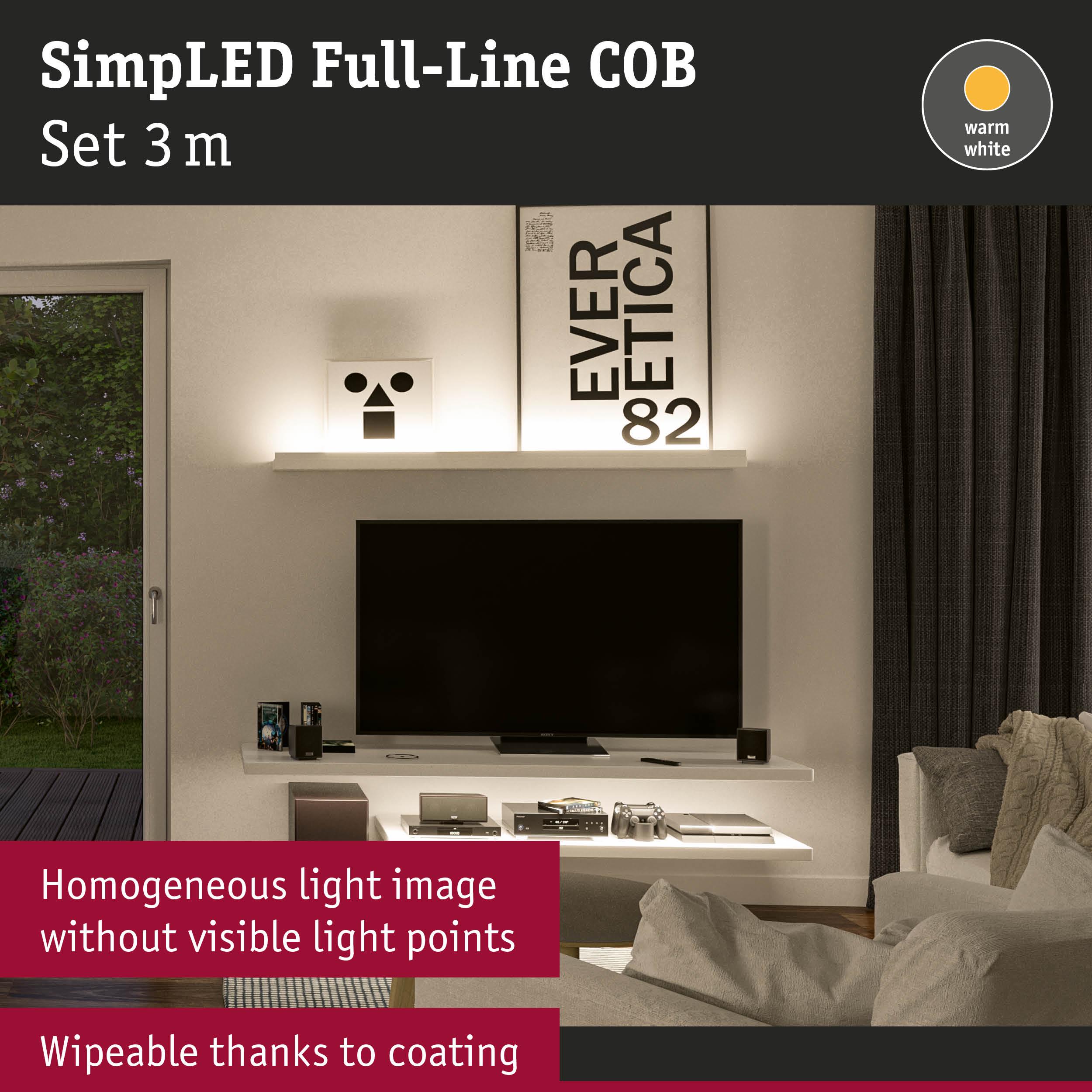 SimLED Full-Line COB 3m LED strip in warm white with uniform light and wipeable coating for easy cleaning