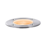 Round recessed spotlight in brushed stainless steel with warm white light for outdoor use