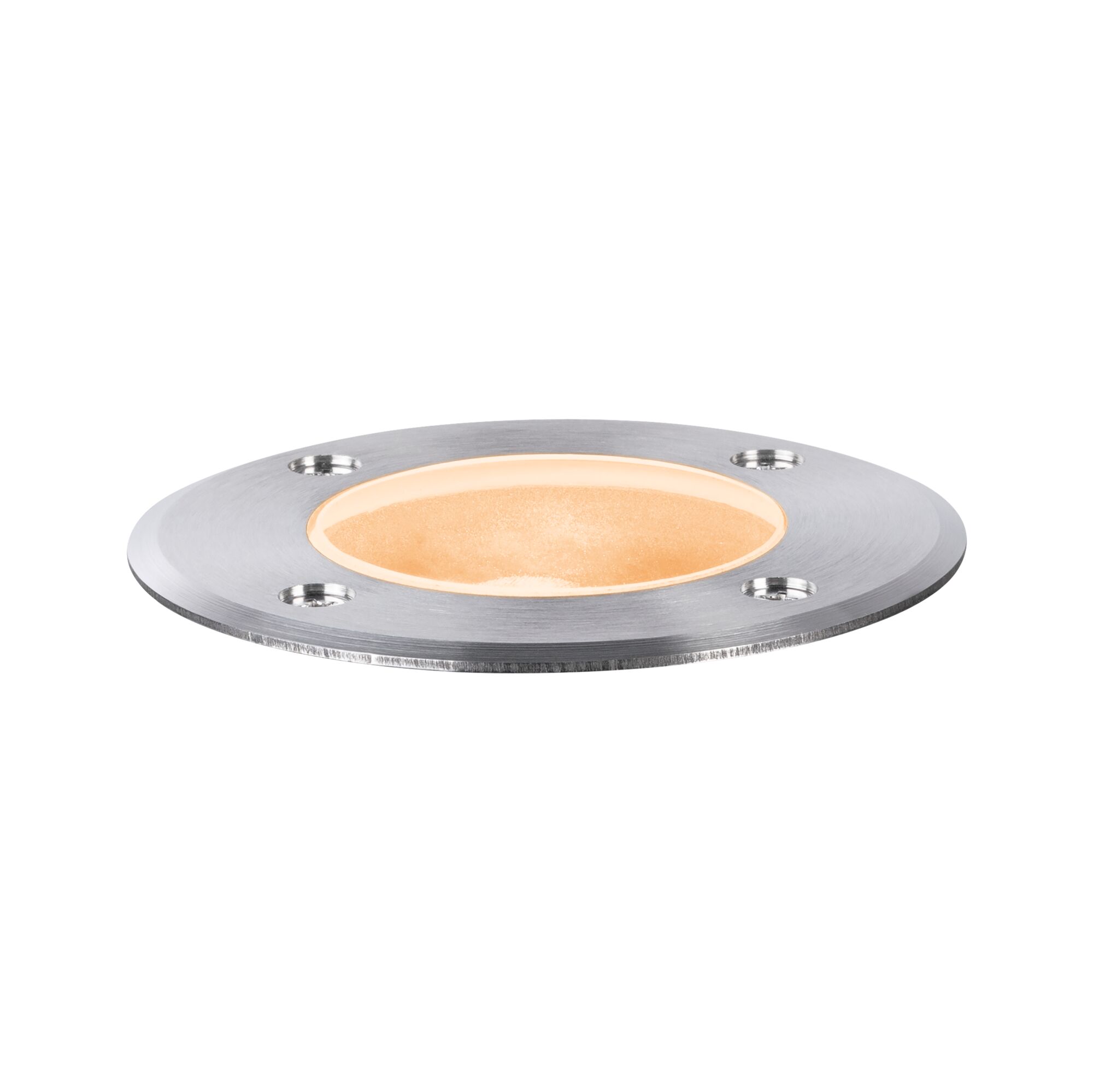 Round recessed spotlight in brushed stainless steel with warm white light for outdoor use
