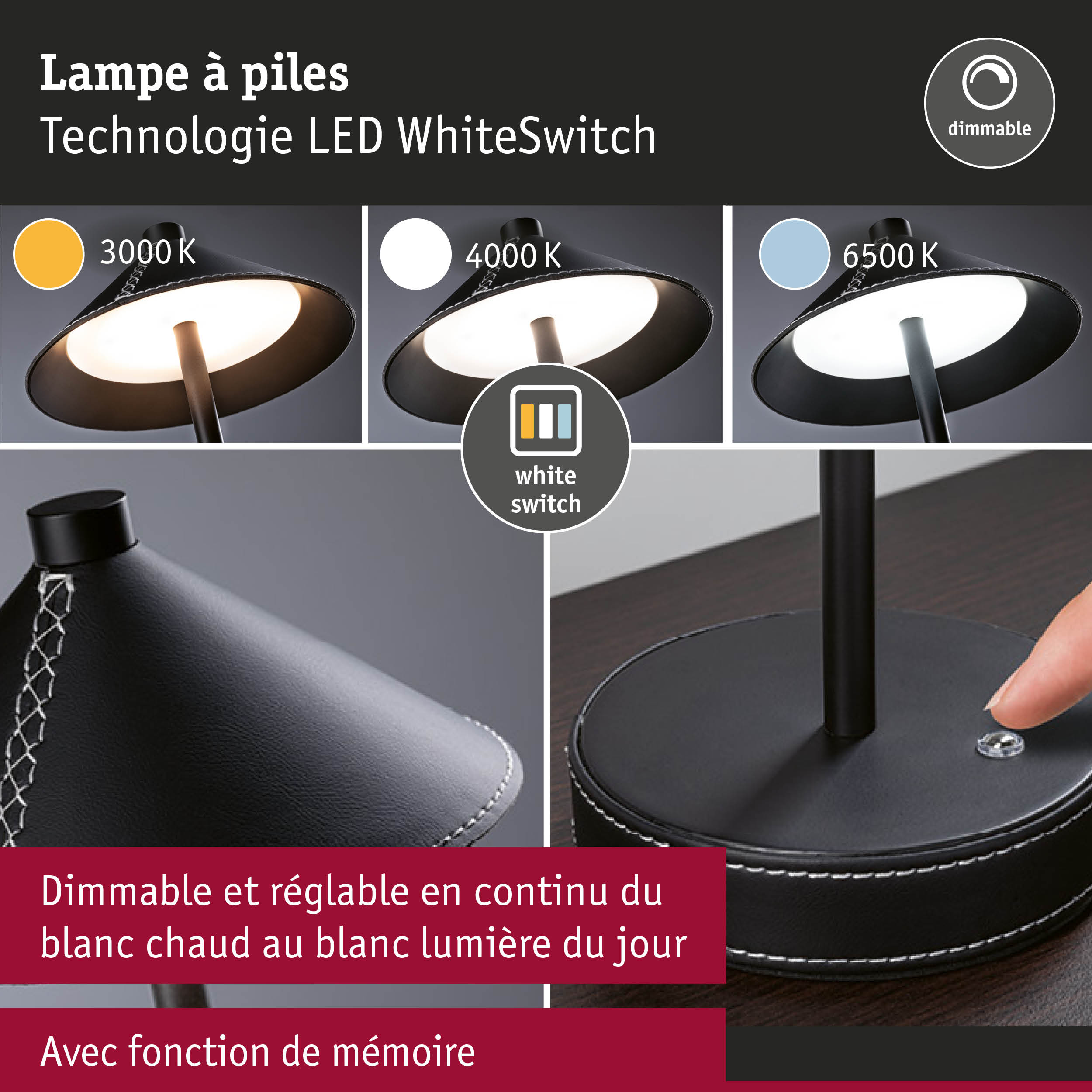 Lampe de table LED noire avec technologie WhiteSwitch dimmable et température de couleur réglable de 3000 à 6500 K