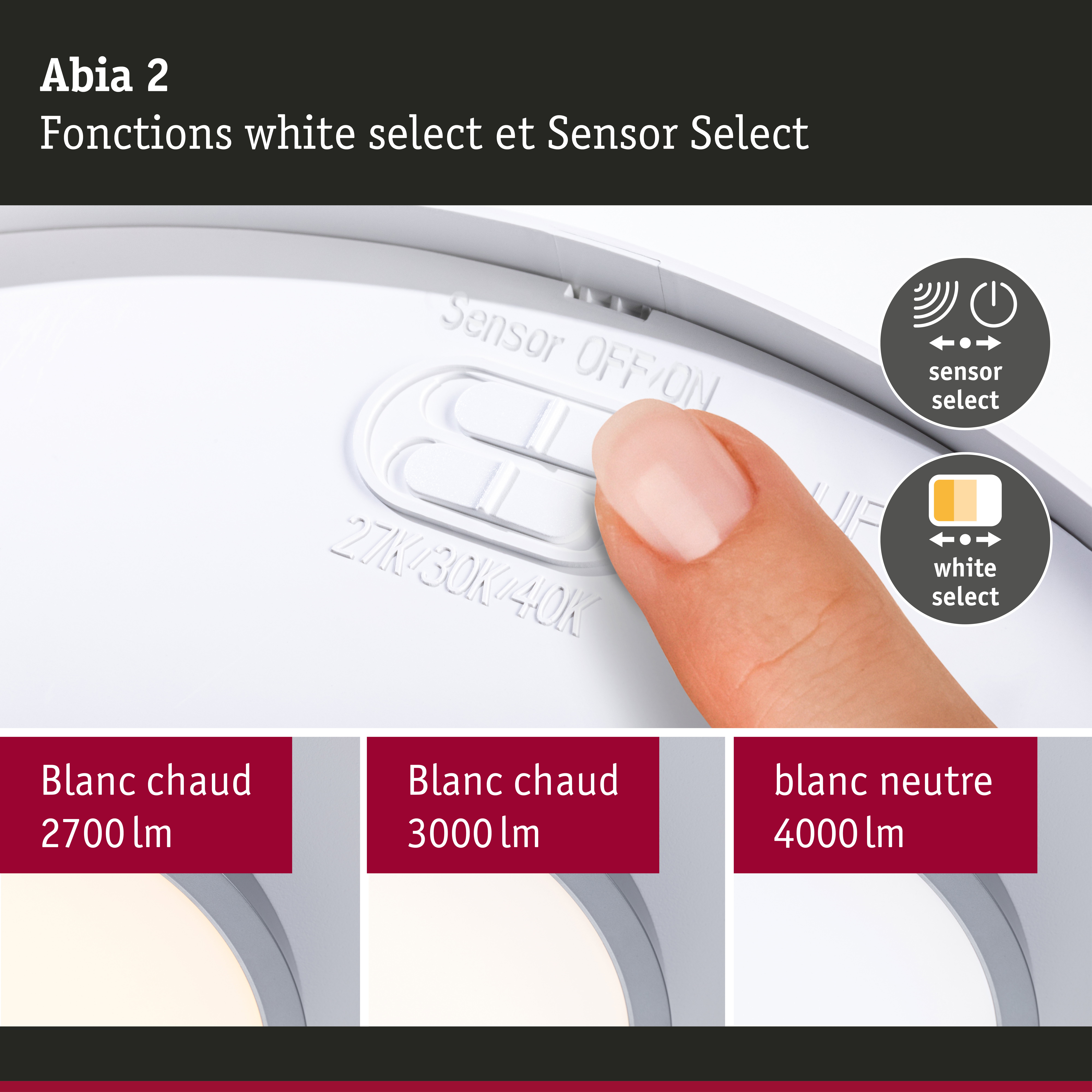 Panneau LED Abia 2 White Select Détecteur de mouvement crépusculaire (HF) rond 400mm 16W 1400lm 2700 - 4000K Chrome mat