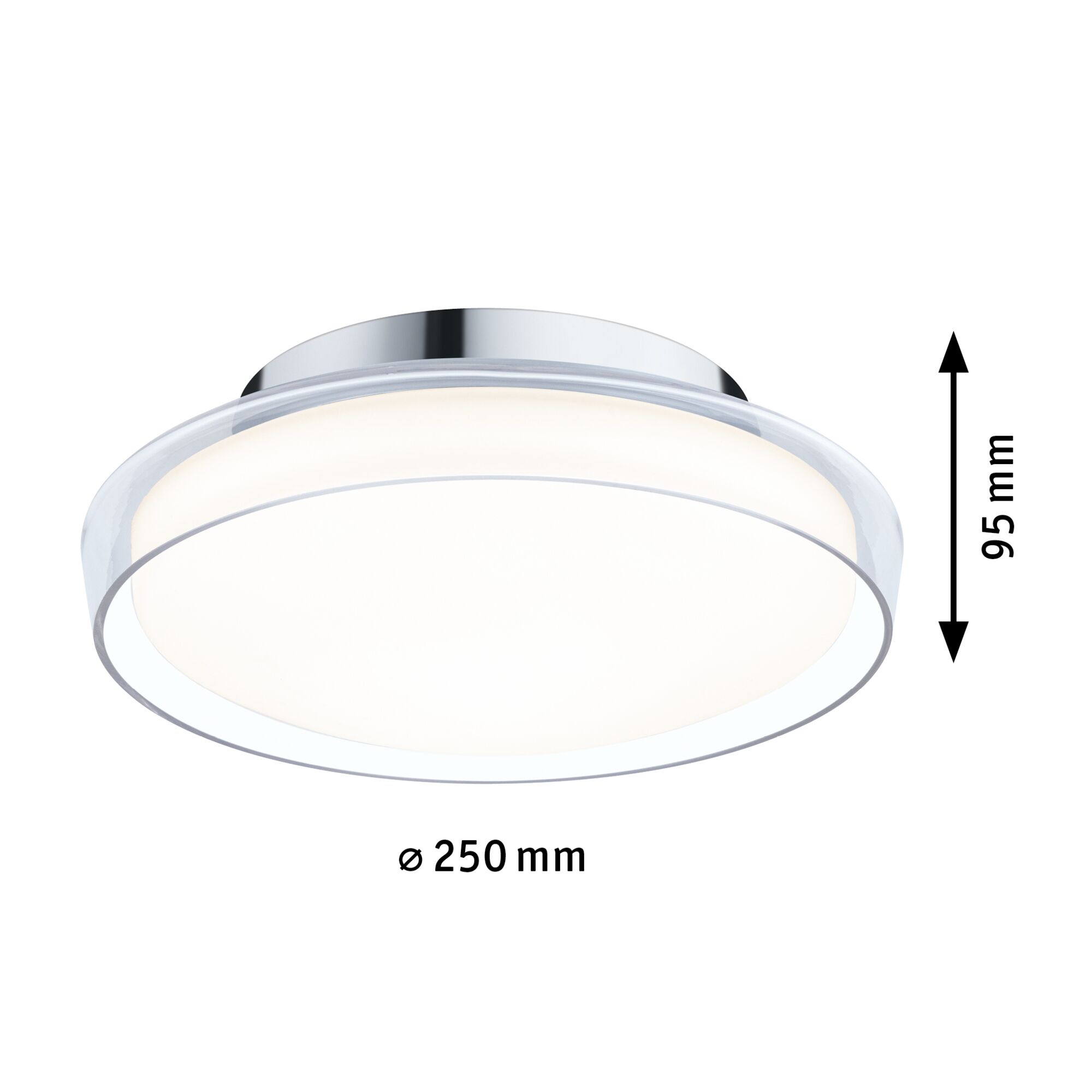 Rund LED-loftlampe med kromramme og hvidt akrylglas, 250 mm diameter, moderne belysning