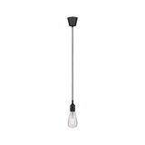 Black pendant light with clear bulb design made of metal for modern living spaces