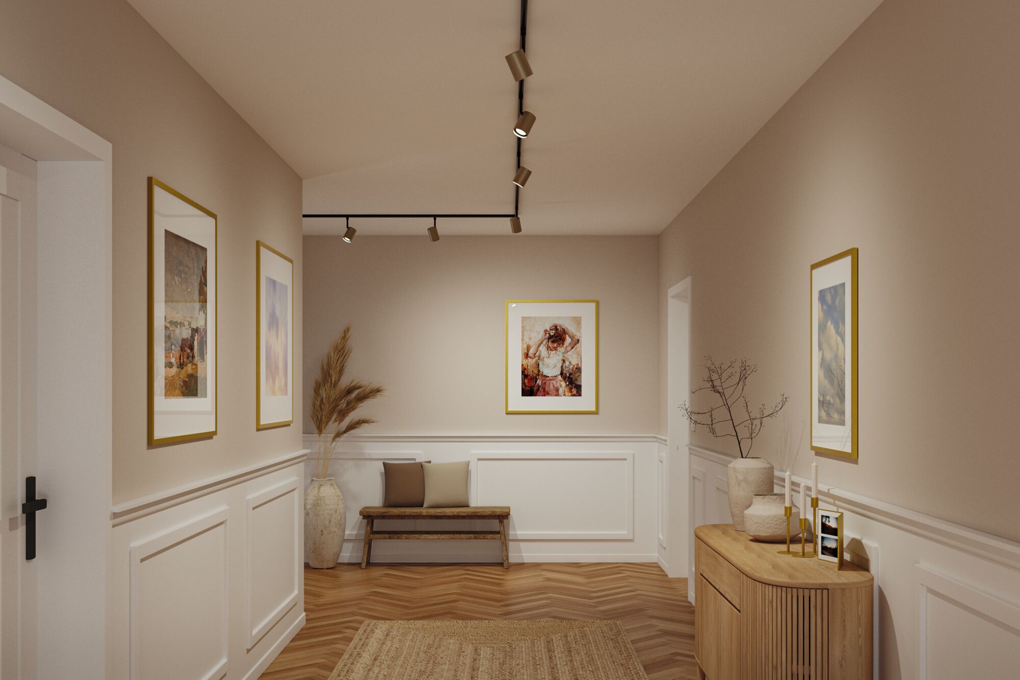 Modern hallway with brown wooden floor, white wall panels and black Paulmann LED ceiling spotlights