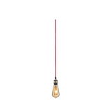 Hanging vintage light bulb with red fabric cable and warm glow for decorative lighting