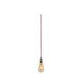 Hanging vintage light bulb with red fabric cable and warm glow for decorative lighting
