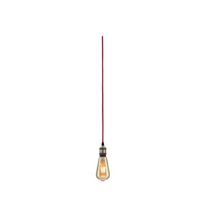 Hanging vintage light bulb with red fabric cable and warm glow for decorative lighting