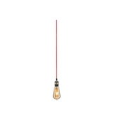 Hanging vintage light bulb with red fabric cable and warm glow for decorative lighting
