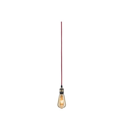Hanging vintage light bulb with red fabric cable and warm glow for decorative lighting