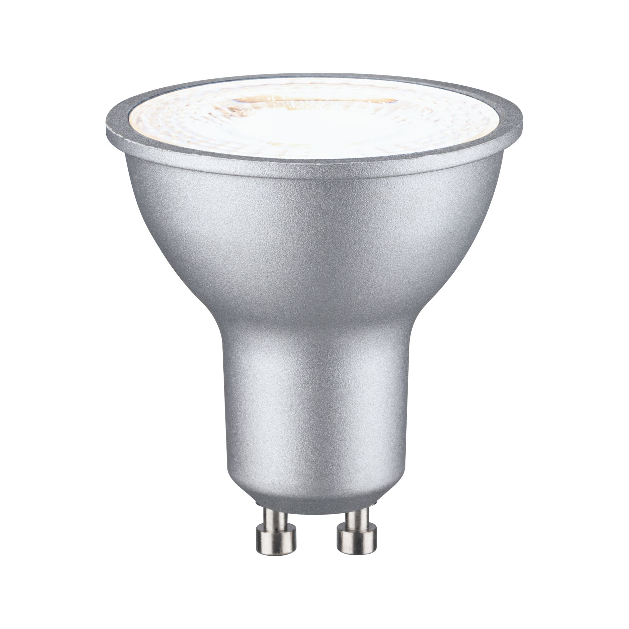 Silver LED reflector lamp with GU10 base made of aluminum for energy-efficient lighting