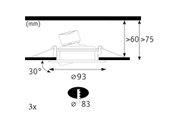 Technische Zeichnung eines Einbaustrahler mit 93 mm Durchmesser und 30 Grad Neigung, Maße in mm.