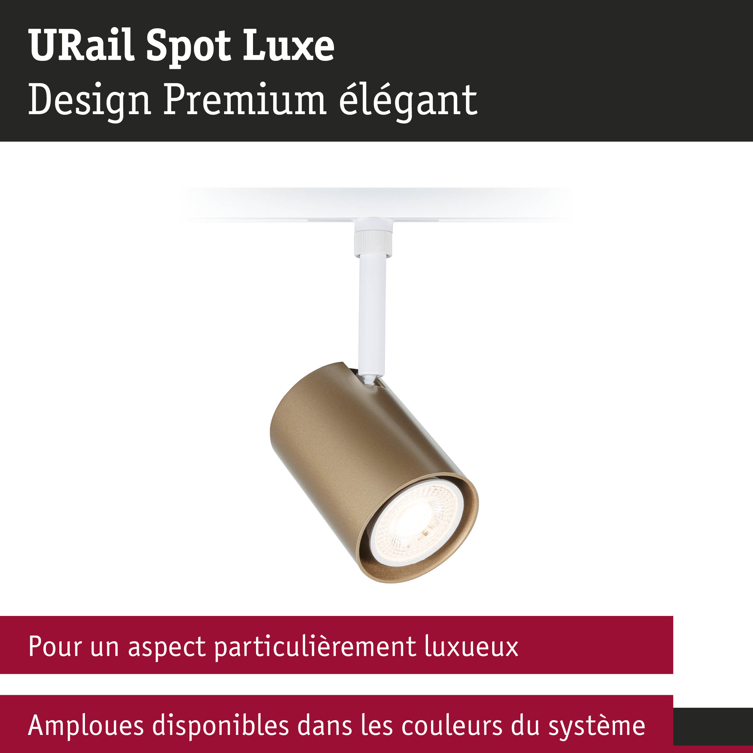 Spot URail Luxe doré mat avec support blanc en métal pour un éclairage LED élégant et moderne
