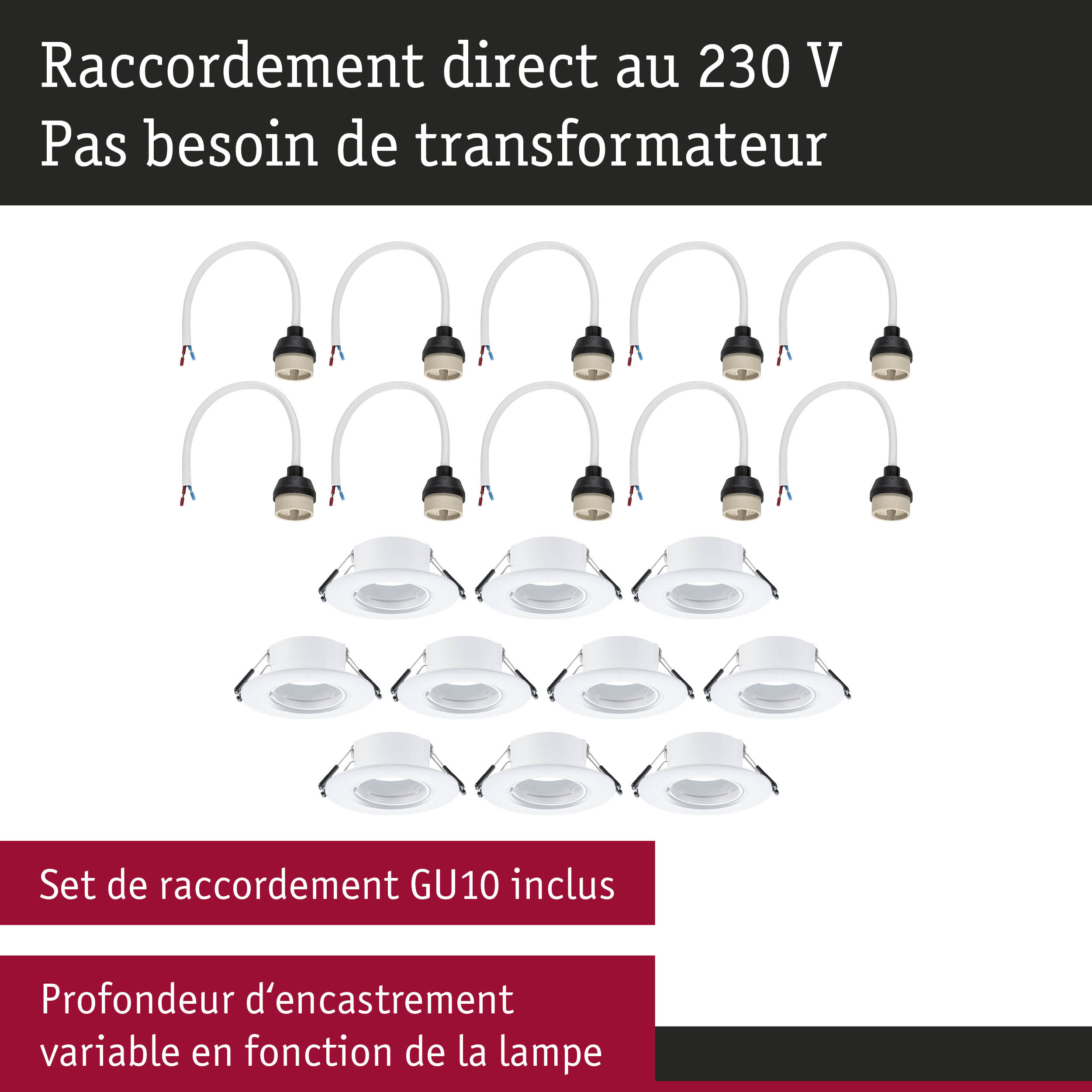 Spots encastrés blancs avec câbles GU10 et raccordement direct 230V sans transformateur
