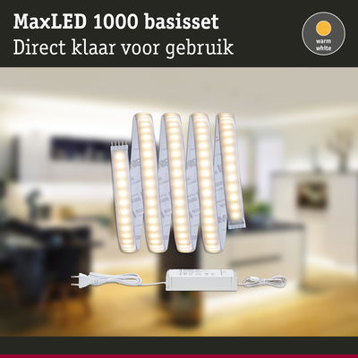 MaxLED 1000 LED-lichtstrip in warm wit met voeding, direct klaar voor gebruik in huis
