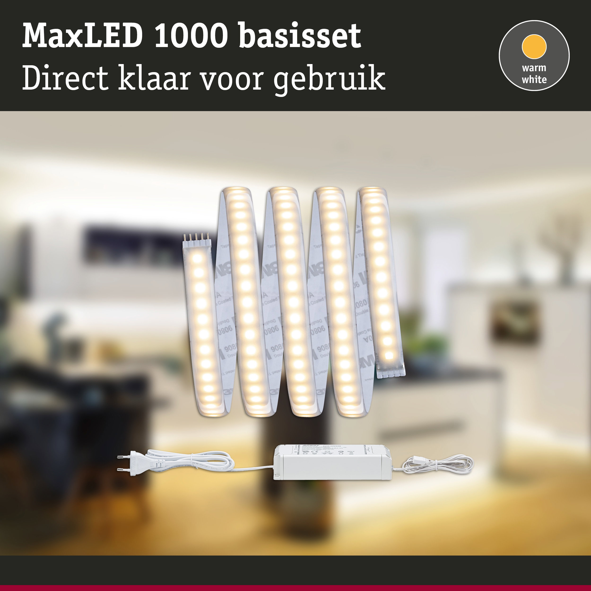 MaxLED 1000 basis LED-stripset met warmwit licht, flexibele strips en voeding voor eenvoudige installatie