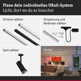 Schwarzes URail-System mit Schienen, Steckern und Spots für individuelle LED-Beleuchtung im Raum
