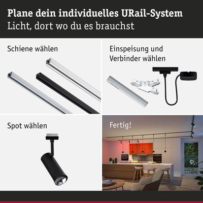 Schwarzes URail-System mit Schienen, Steckern und Spots für individuelle LED-Beleuchtung im Raum
