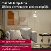 Witte staande lamp Juna met verstelbare lampenkap voor moderne woonverlichting