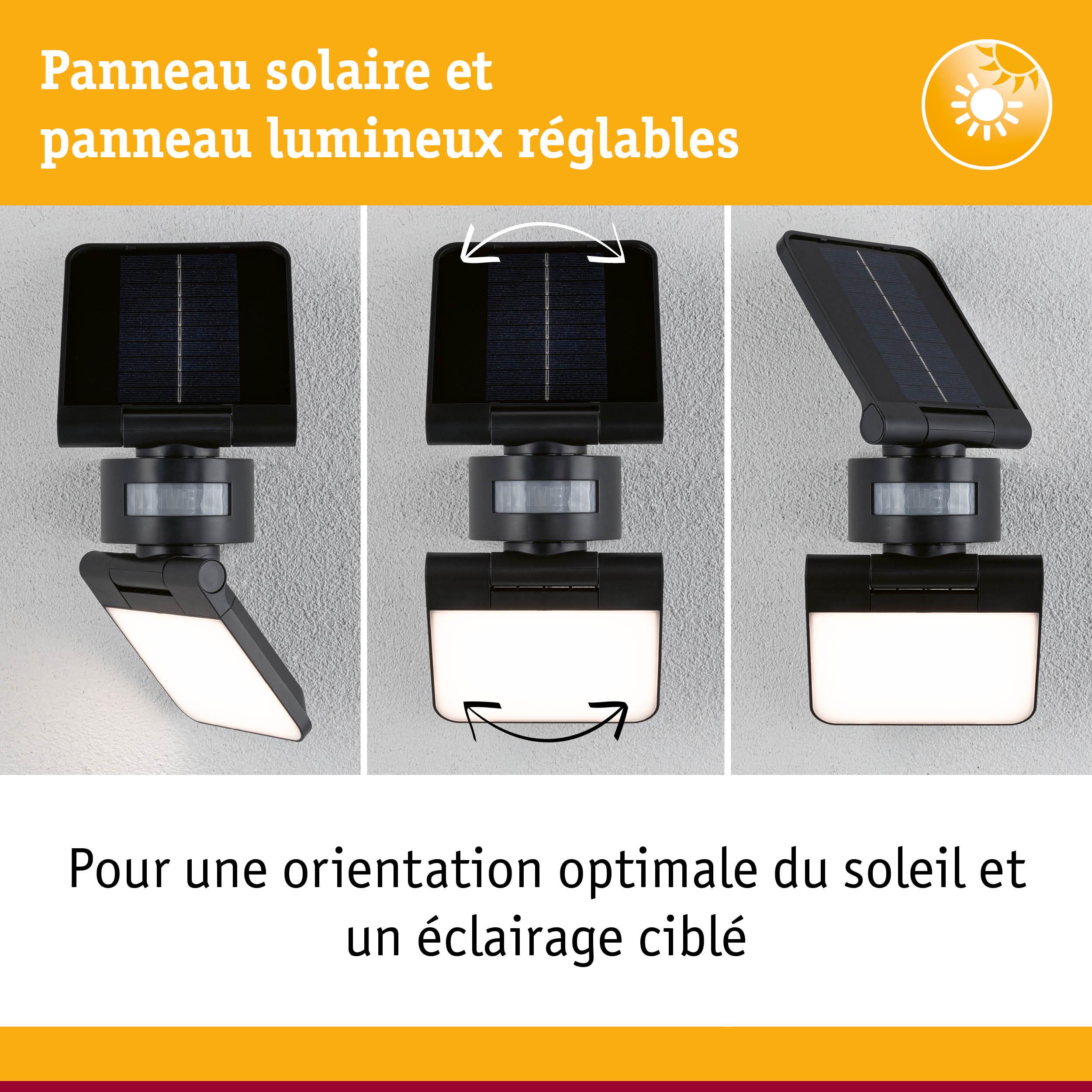 Lampe solaire noire avec panneau solaire et panneau lumineux réglables pour orientation optimale et éclairage ciblé