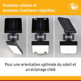 Lampe solaire noire avec panneau solaire et panneau lumineux réglables pour orientation optimale et éclairage ciblé
