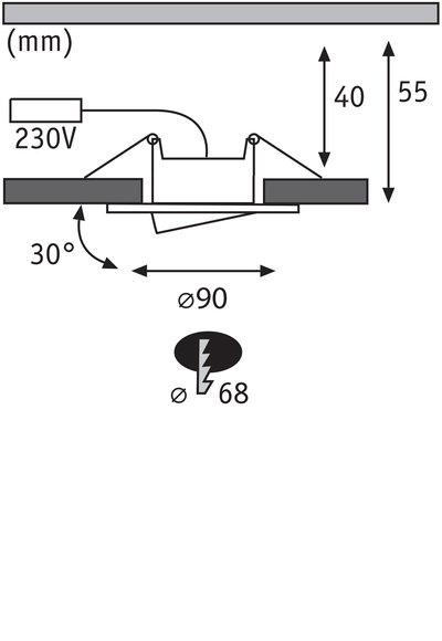 Technische Zeichnung eines Einbaustrahler mit 90 mm Durchmesser und 30 Grad Neigung, 230V Anschluss.