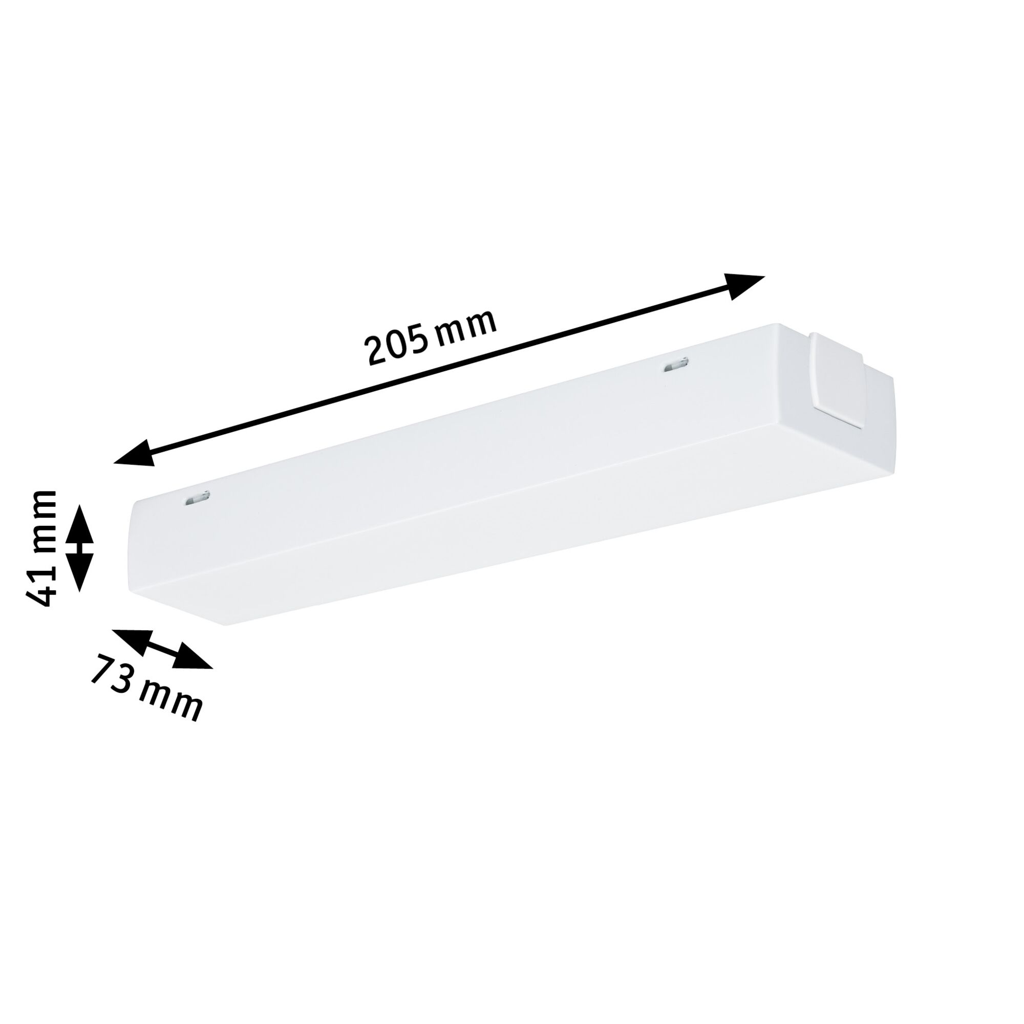 White rectangular LED light fixture measuring 205x73x41 mm for modern lighting solutions