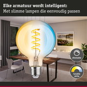 Grote gloeilamp met spiraalvormig filament in moderne eetkamer, dimbare en instelbare witte LED-verlichting