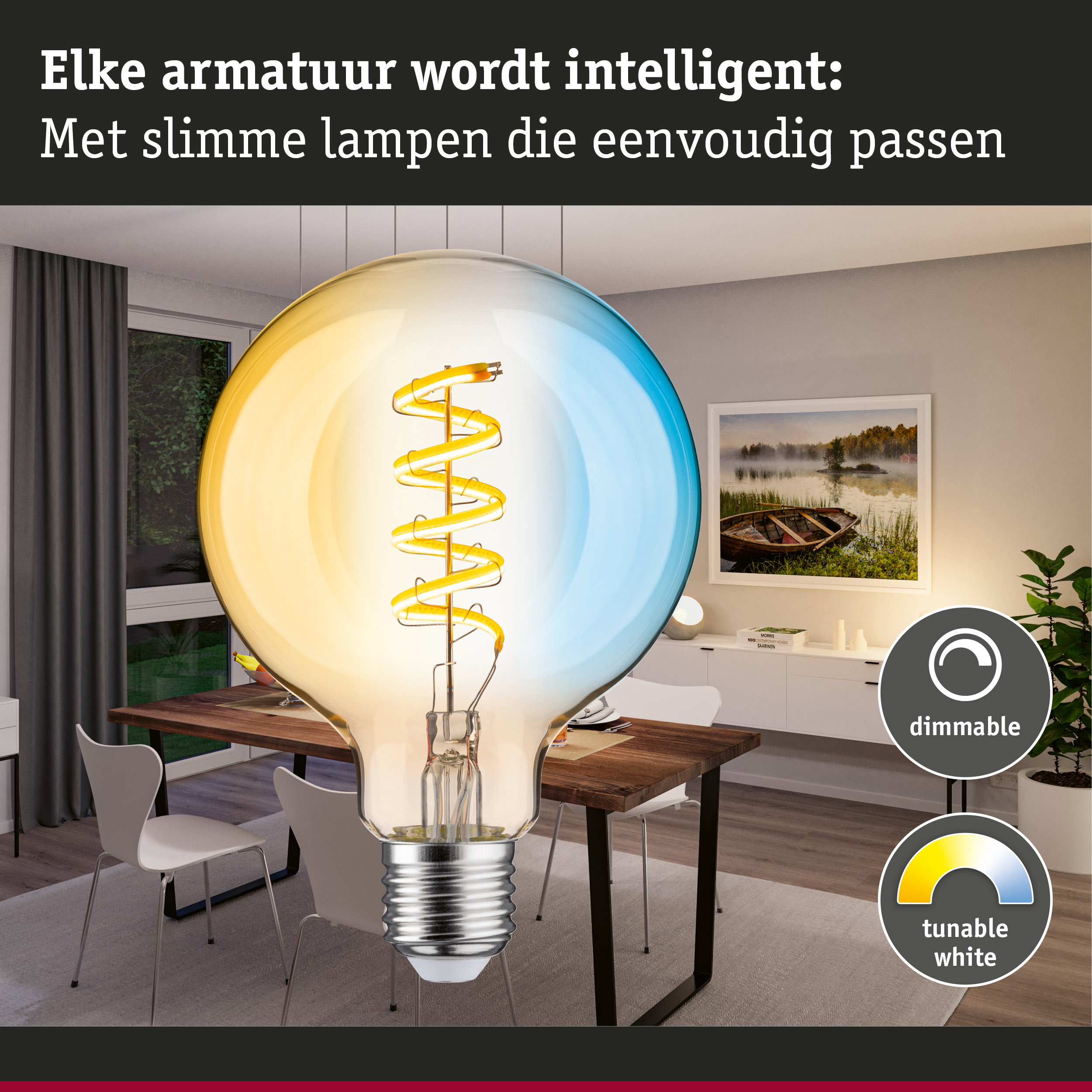 Grote gloeilamp met spiraalvormig filament in moderne eetkamer, dimbare en instelbare witte LED-verlichting