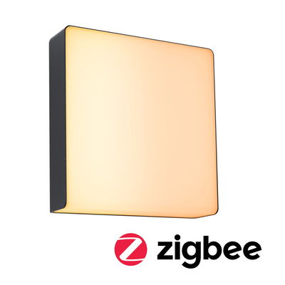 Square wall light with black frame and warm white glow, Zigbee compatible smart home lighting solution.
