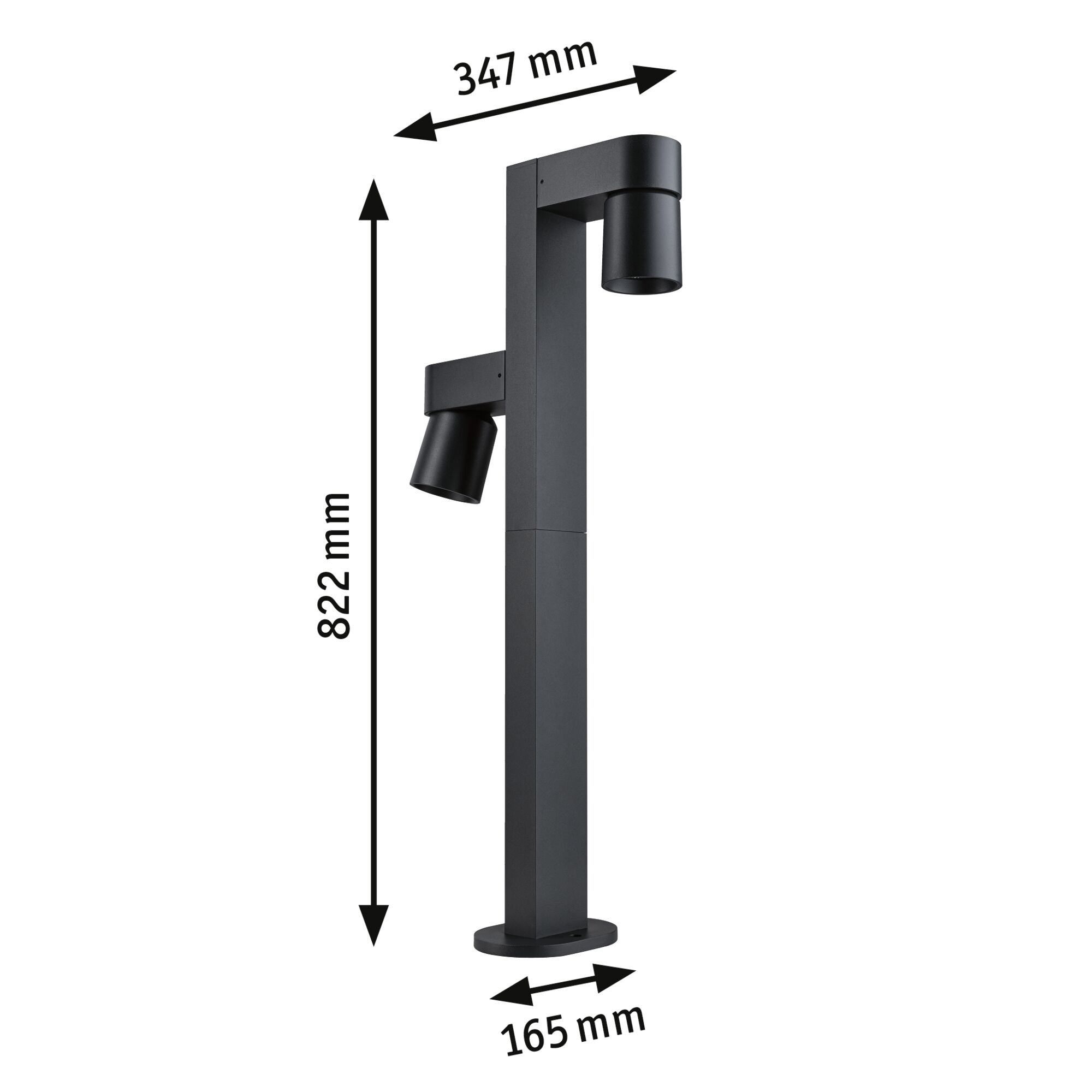 Schwarze Aluminium-Außenleuchte mit zwei verstellbaren Strahlern und Maßen 822x347x165 mm für Gartenbeleuchtung
