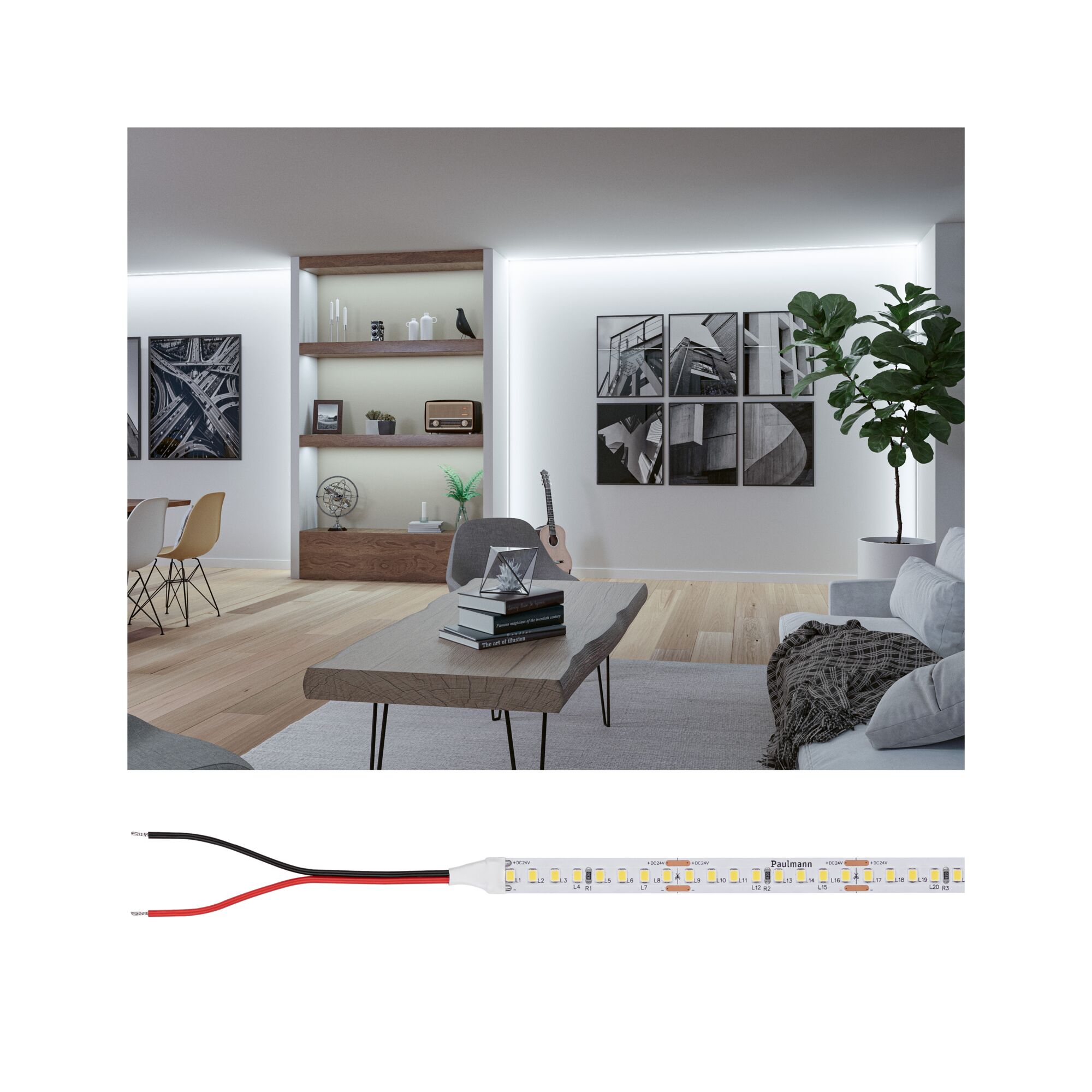 LED strip with white SMD chips and wires for flexible lighting and light design solutions