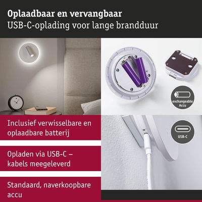 Oplaadbare witte wandlamp met USB-C-kabel en verwisselbare accu voor lange brandduur