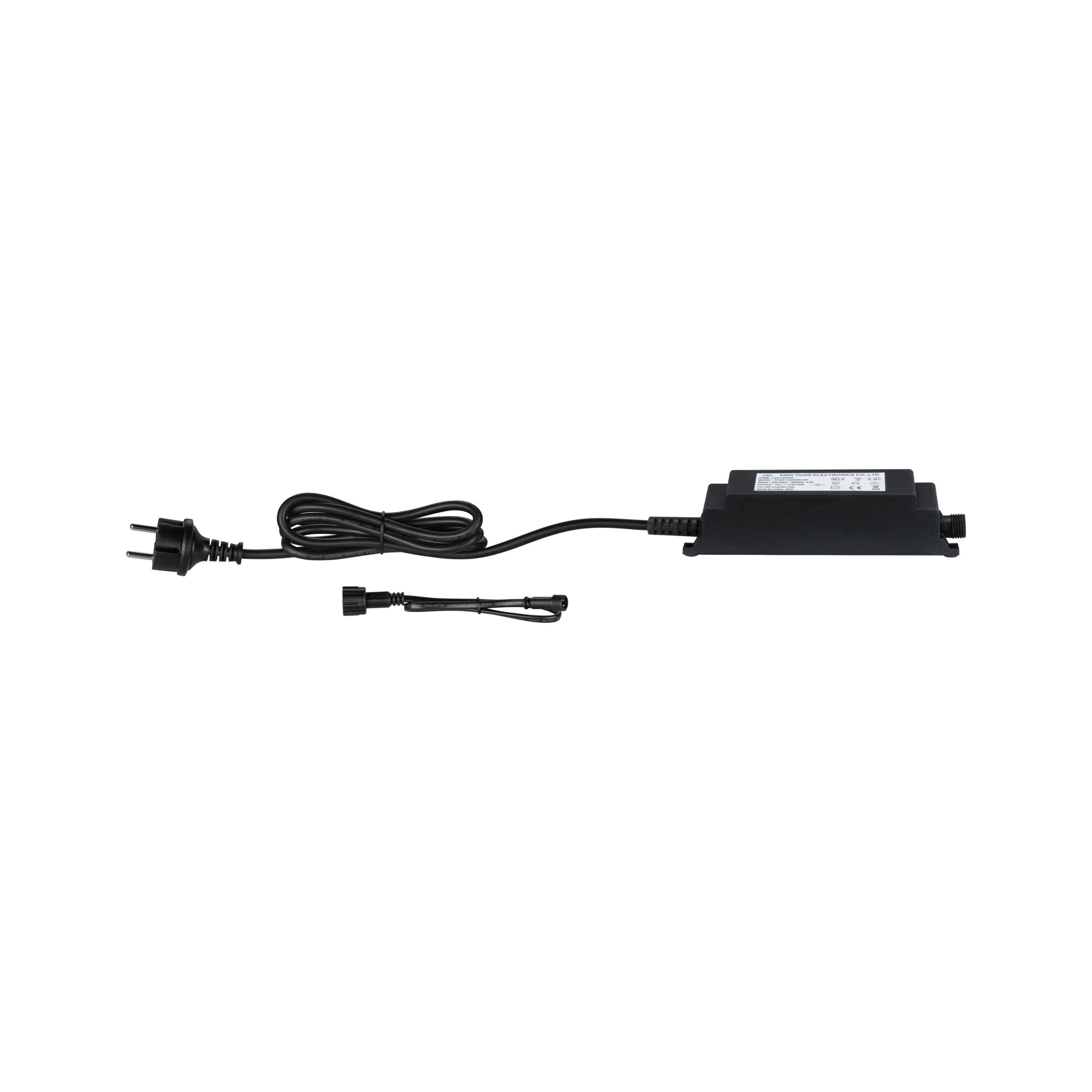 Black LED power supply with cable and plug for indoor lighting, energy-efficient power adapter