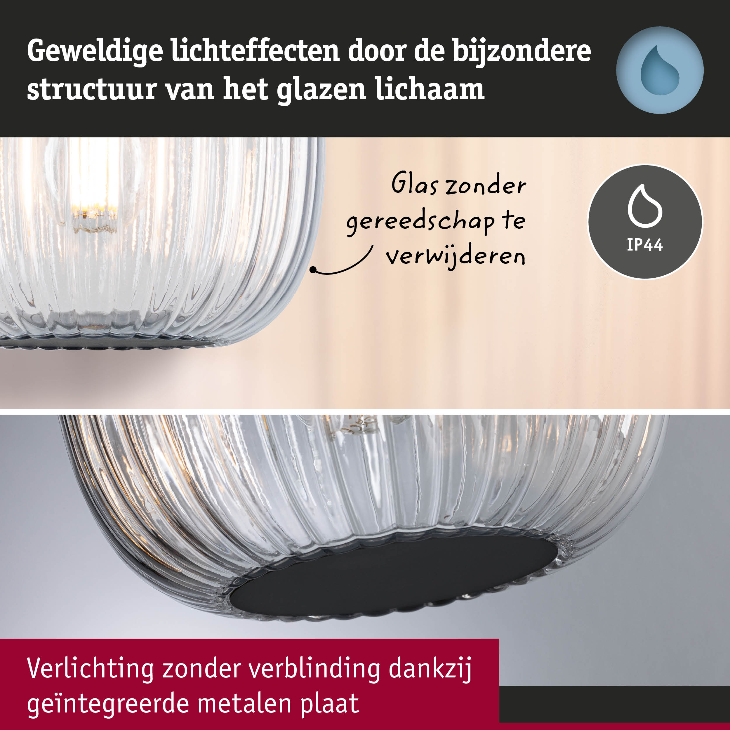 Glazen plafondlamp met bijzondere structuur voor indrukwekkende lichteffecten en IP44 bescherming
