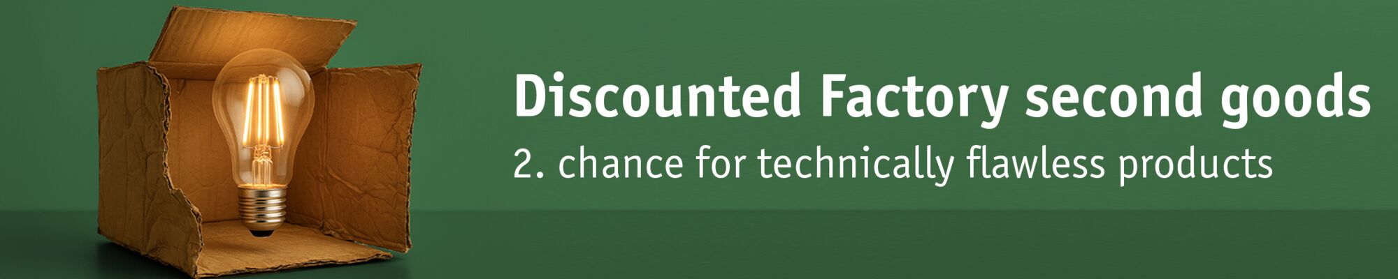 Lit light bulb inside open brown cardboard box on green background promoting discounted second goods