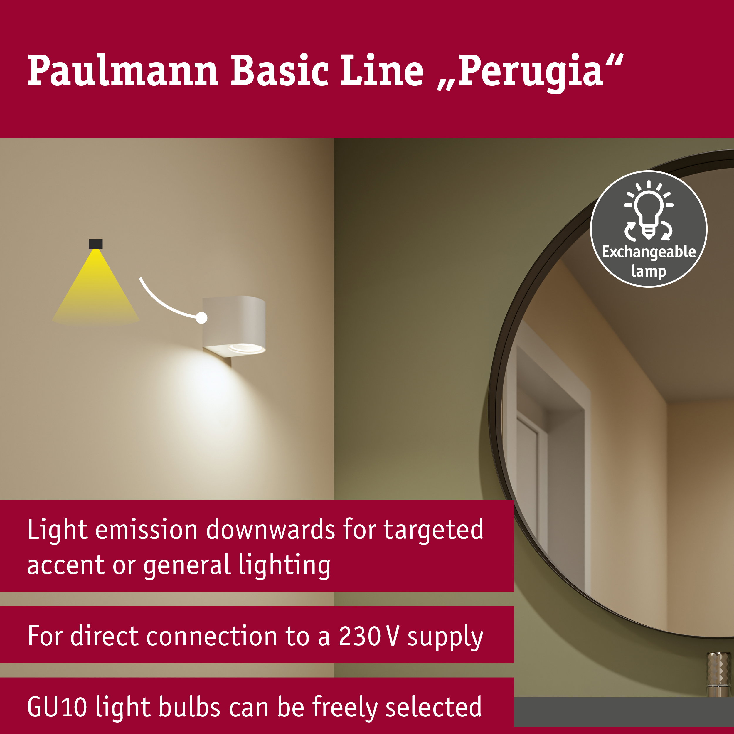 Wall light Perugia IP44 GU10 230V max. 10W Matt white