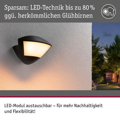 Schwarze LED-Wandleuchte mit warmweißem Licht an Außenwand, energiesparende LED-Technik bis 80 Prozent.