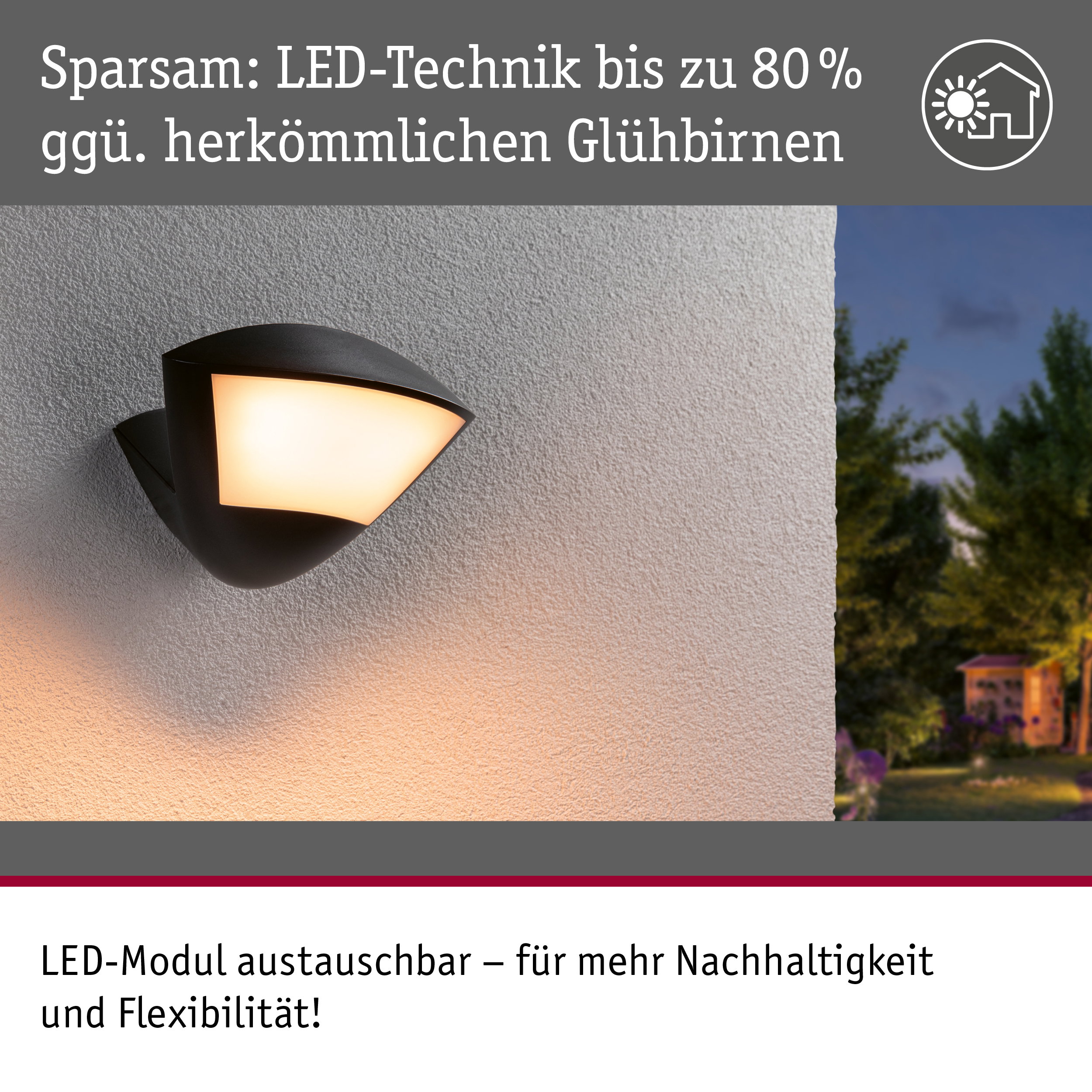 Schwarze LED-Außenwandleuchte mit warmweißem Licht an weißer Wand, energiesparende LED-Technik