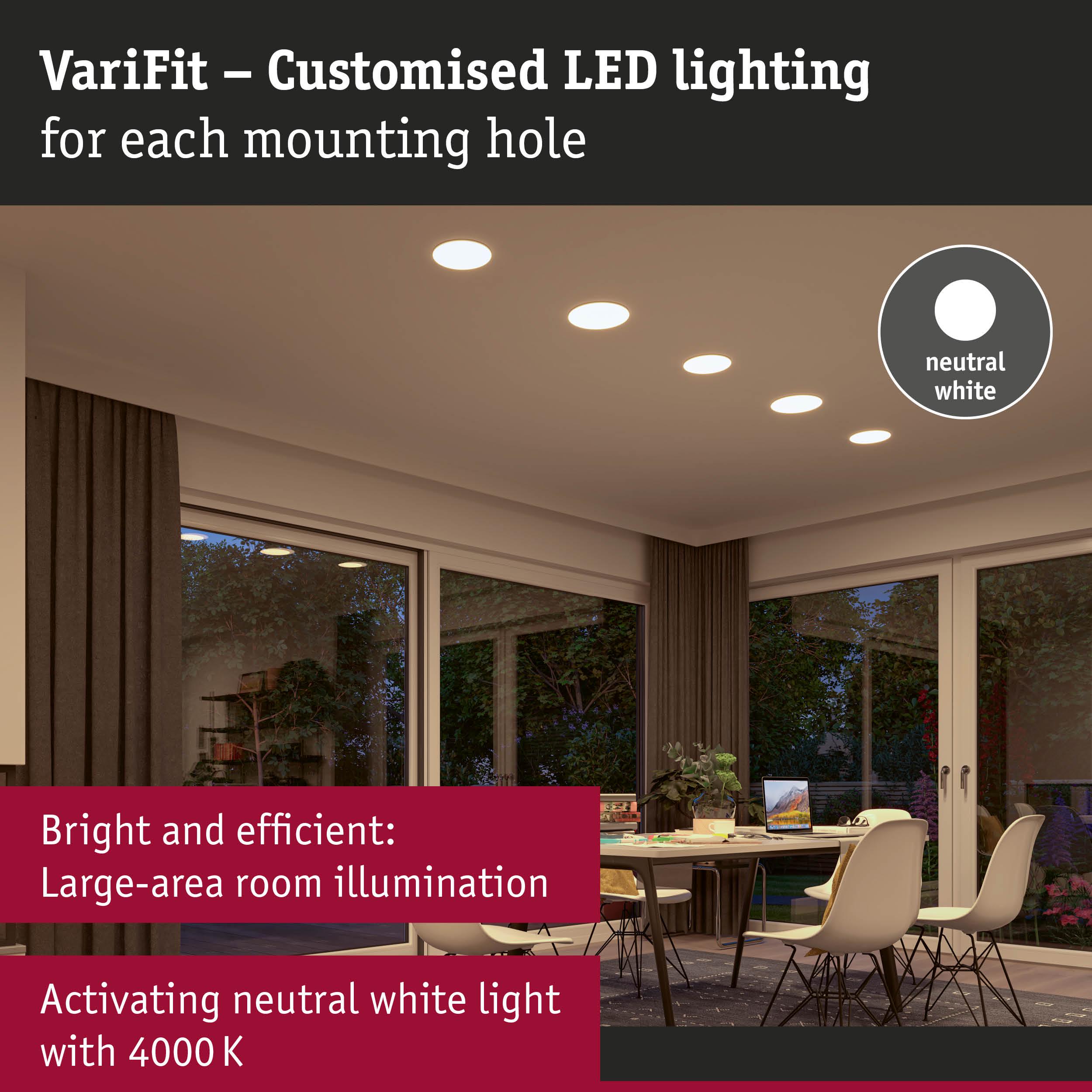 VariFit recessed LED lights in neutral white for bright, efficient room lighting with 4000 K.