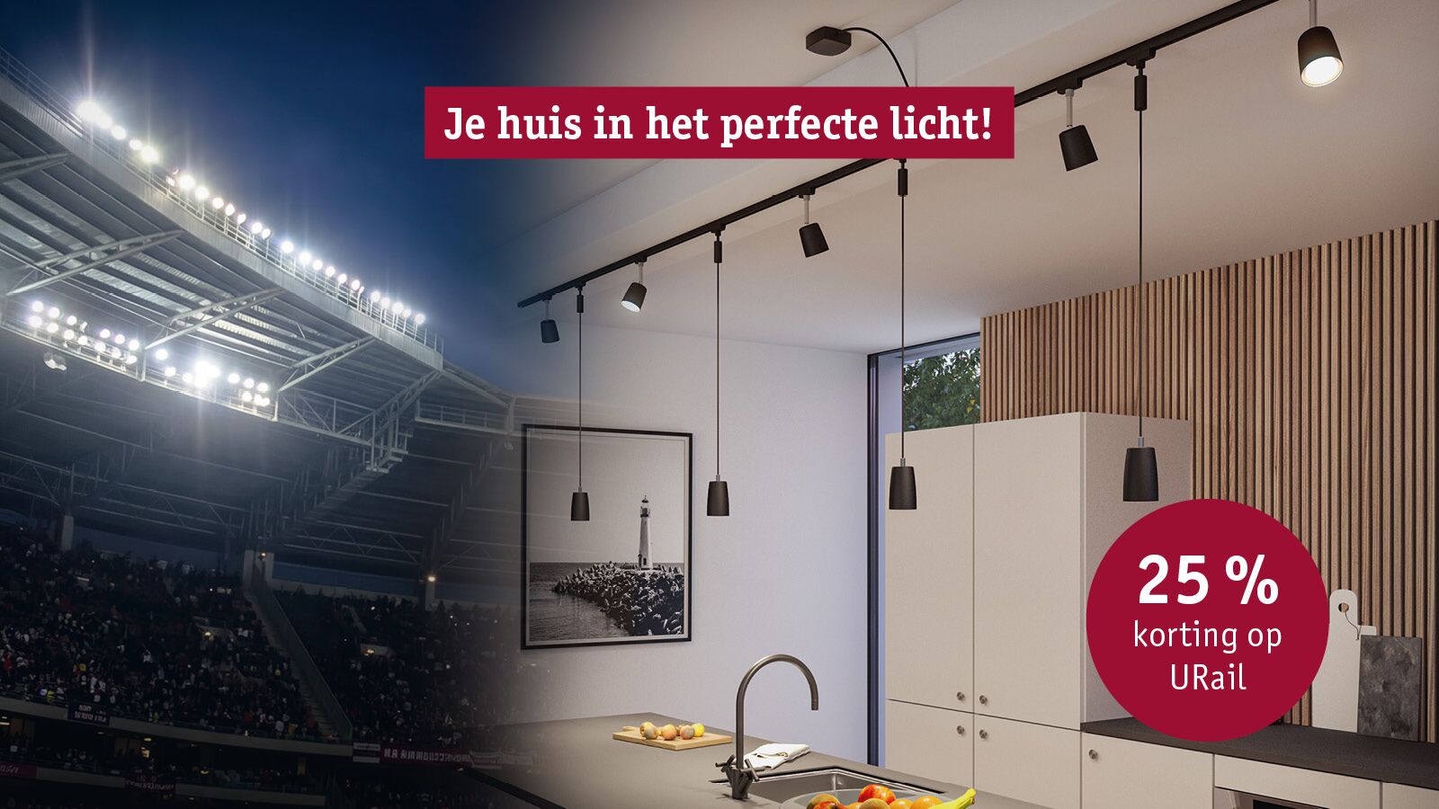 Moderne zwarte URail spots in keuken met houten panelen en 25 procent korting actie