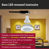 White LED recessed luminaire with GU10 socket and black cable for 230V power connection