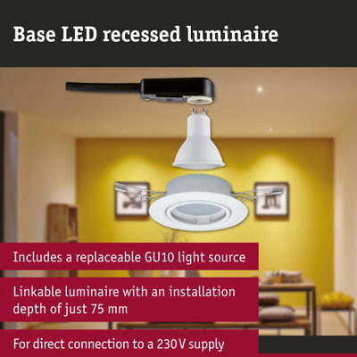 White LED recessed luminaire with GU10 socket and black cable for 230V power connection